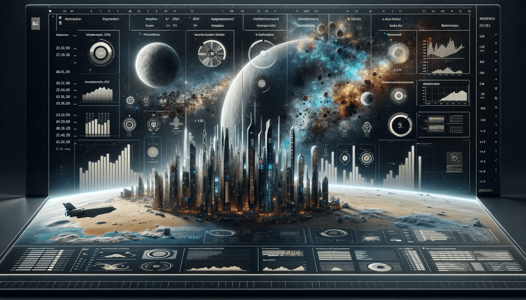 DALL·E 2024-01-08 00.43.42 - A Power BI dashboard with a realistic and space-themed design, focusing on the Middle East. The dashboard features clear and specific indicators, with