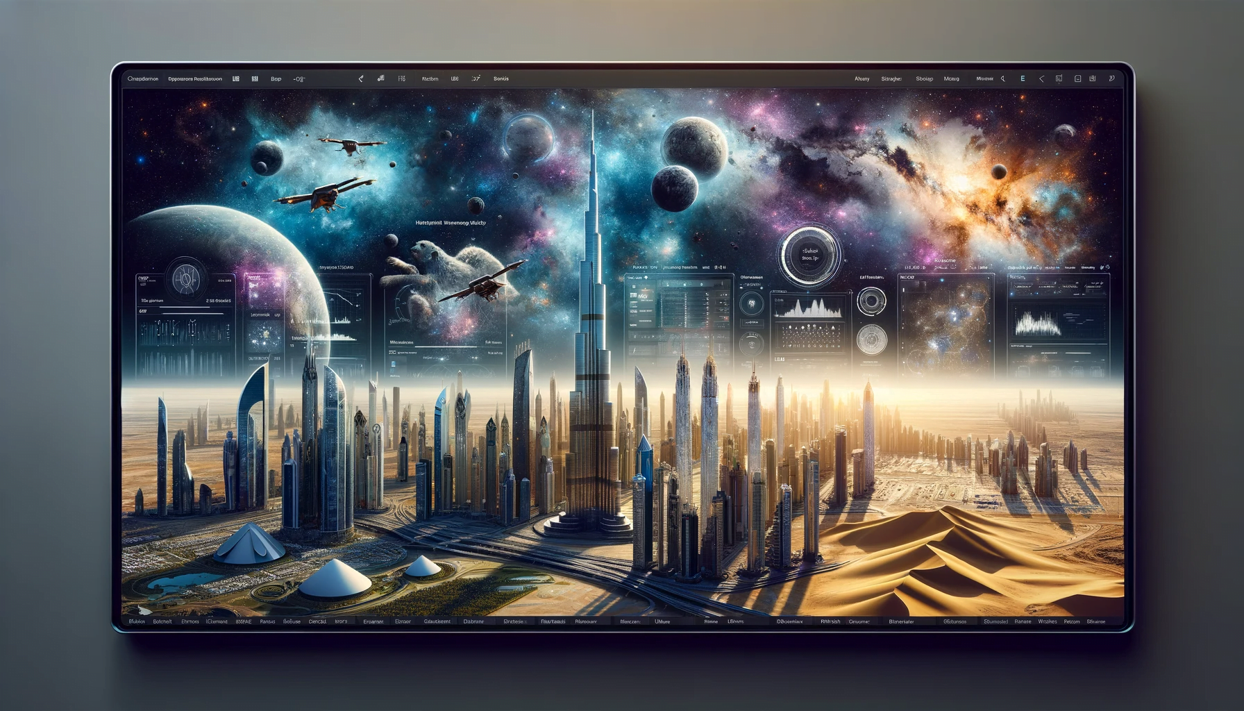 DALL·E 2024-01-08 00.46.54 - A realistic, space-themed Power BI dashboard design focused on the Middle East, incorporating modern, towering skyscrapers along with archaeological l